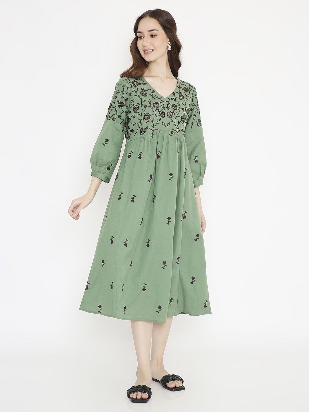 Saffron Threads Embroidered Bishop Sleeve A-Line Midi Dress, Green