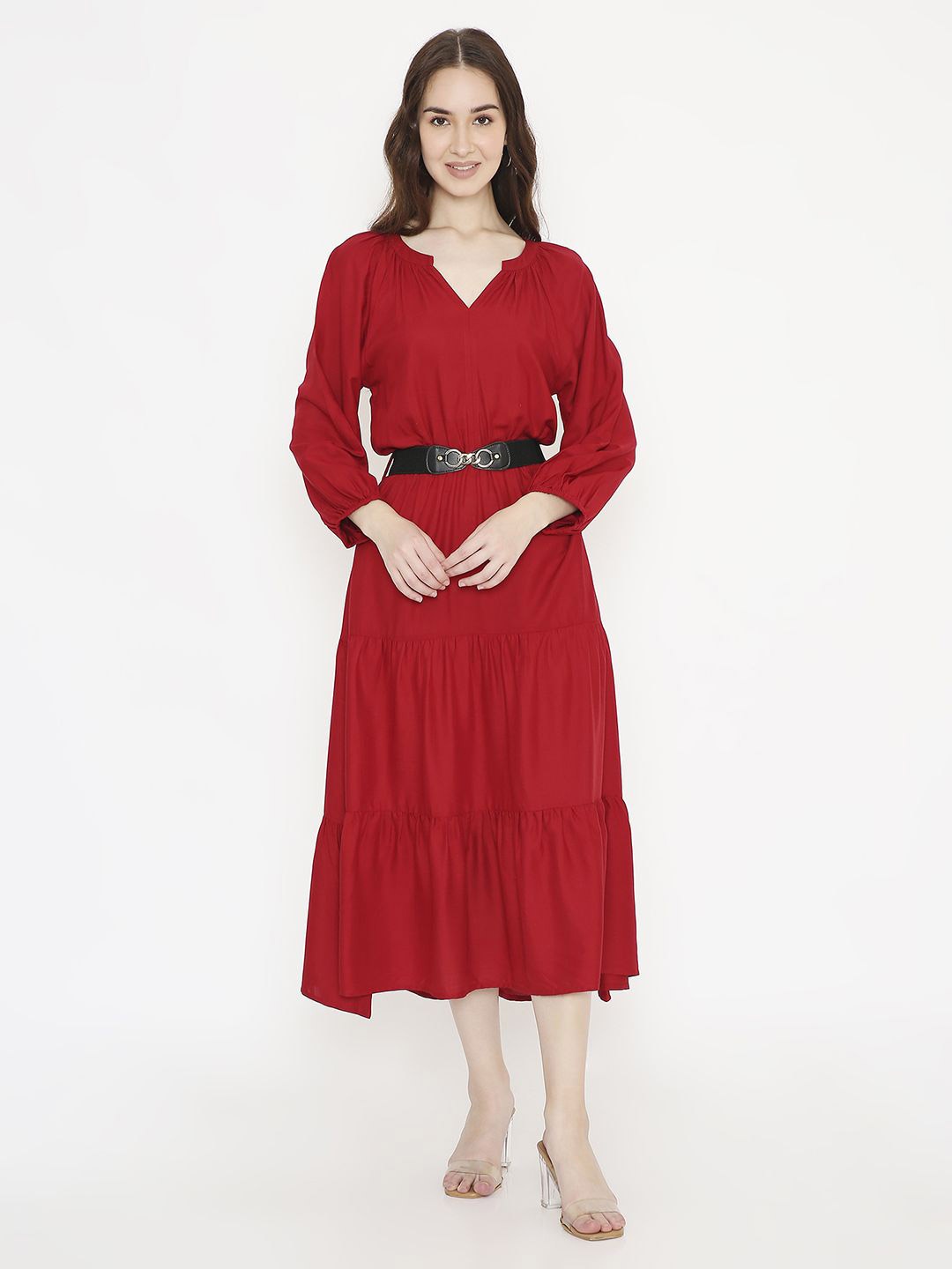 

Saffron Threads Bohemian Women Puff Sleeve Fit & Flare Midi Dress, Red