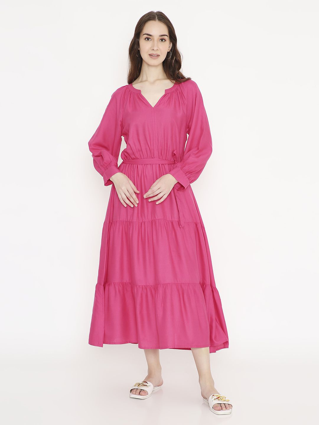 

Saffron Threads Women Puff Sleeve Fit & Flare Midi Dress, Pink