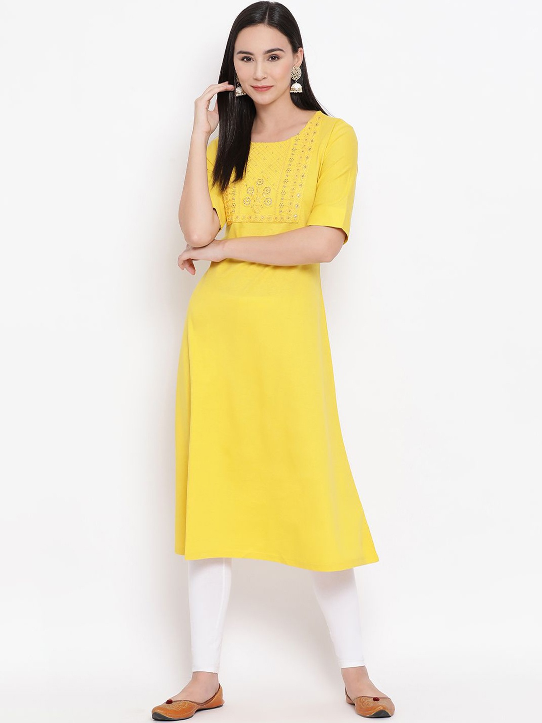 

Span Floral Embroidered Round Neck Sequinned Straight Cotton Kurta, Yellow