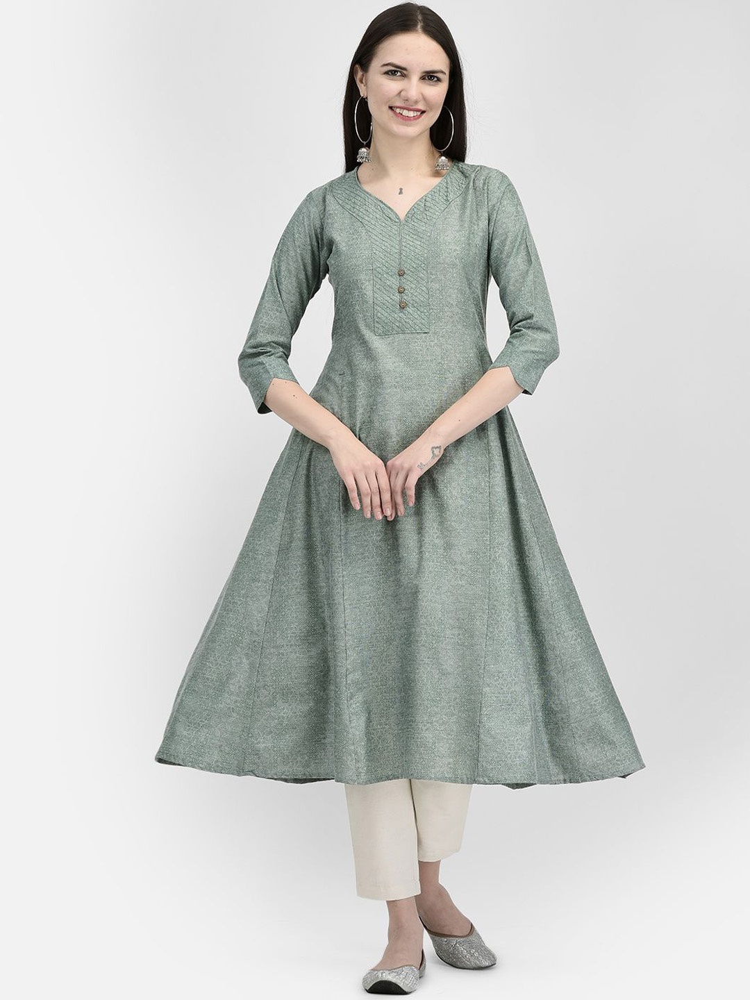 

Span Geometric Printed Sweetheart Neck Three-Quarter Sleeves Panelled A-Line Kurta, Blue