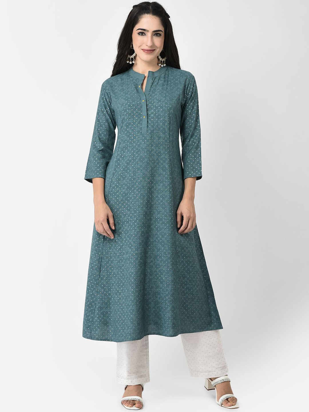 

Span Floral Printed Mandarin Collar Three-Quarter Sleeves Panelled A-Line Kurta, Green