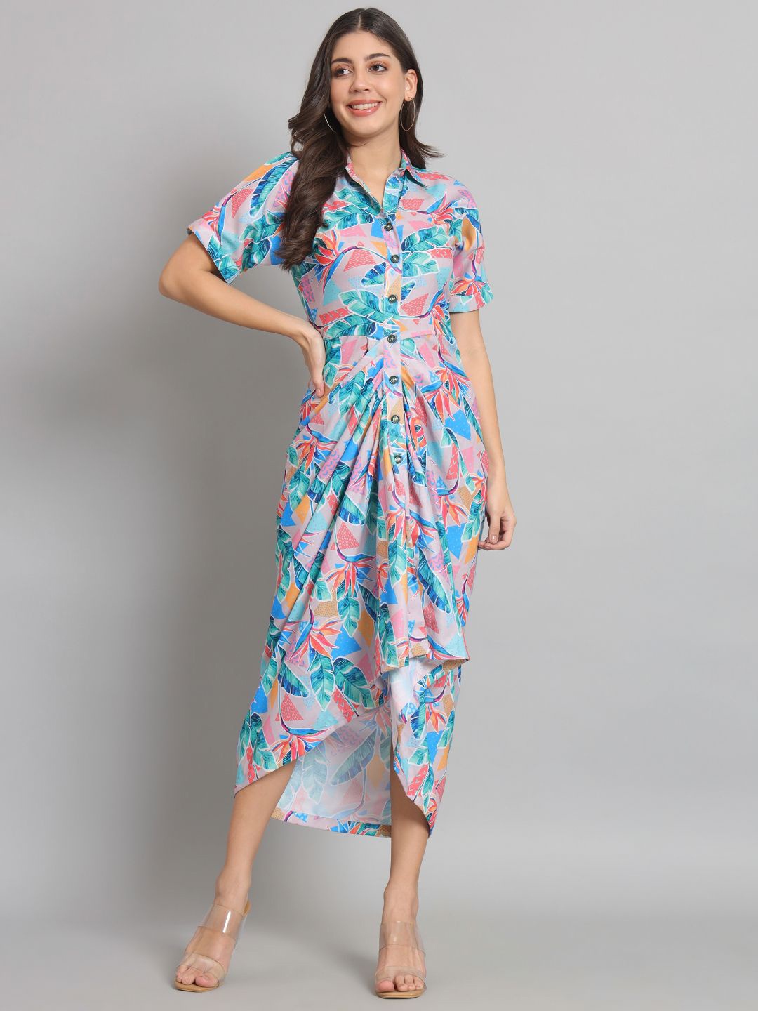 

REBERRY Women Floral Printed Shirt Collar Cotton Fit & Flare Midi Dress, Blue
