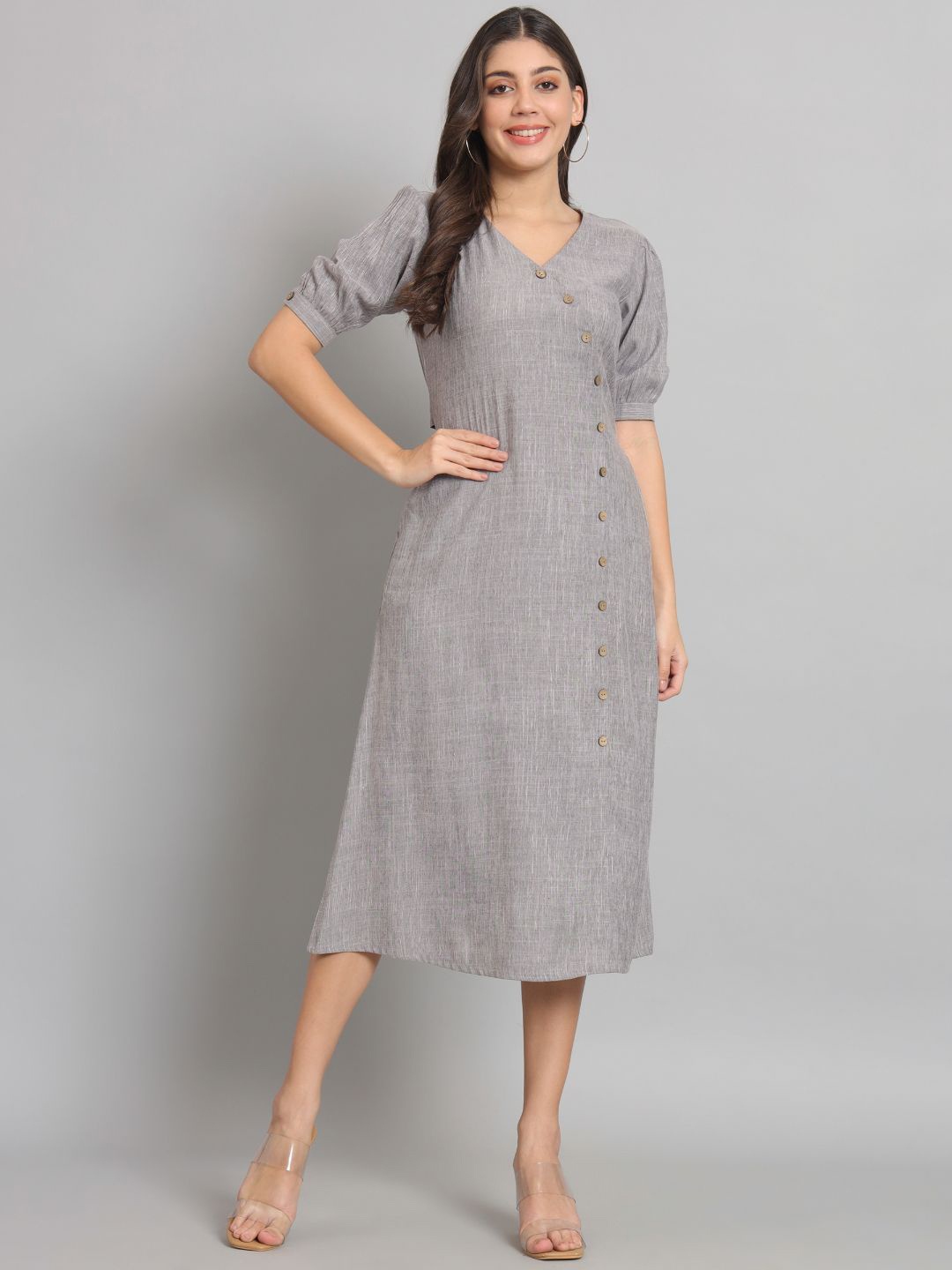 

REBERRY Women Puff Sleeve A-Line Midi Dress, Grey