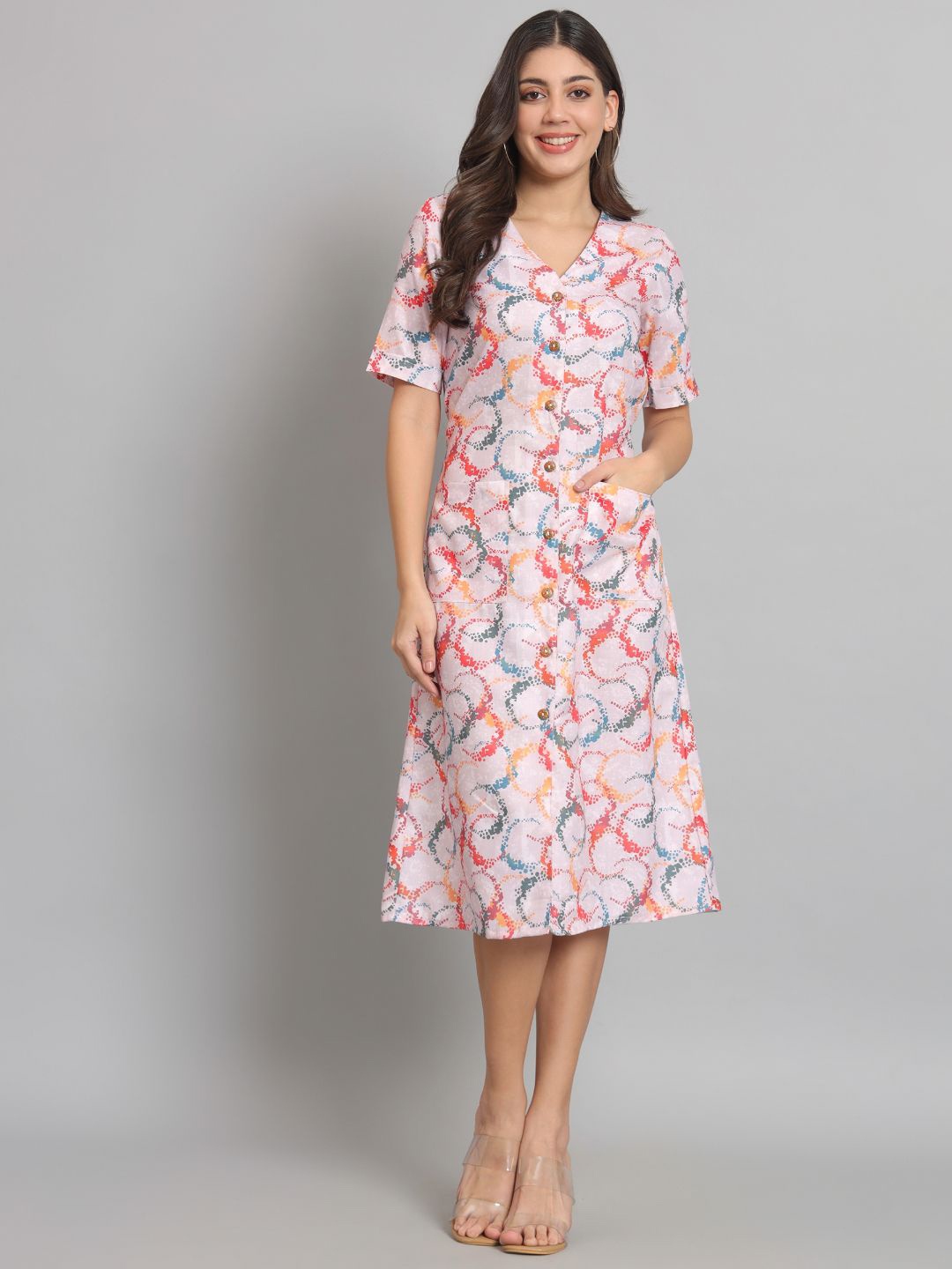 

REBERRY Women Printed A-Line Midi Dress, Multi