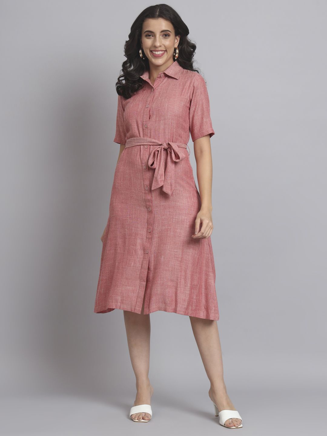 

REBERRY Women A-Line Shirt Collar Midi Dress, Pink