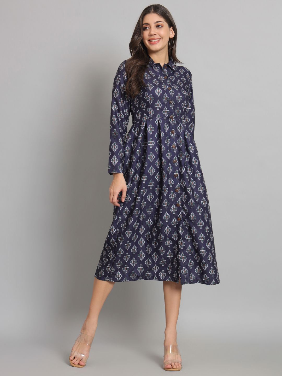 

REBERRY Abstract Printed Cotton Shirt Midi Dress, Navy blue