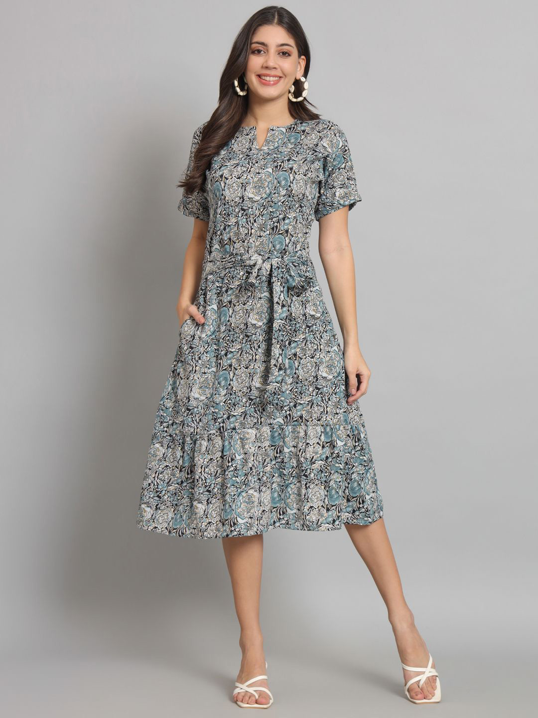 

REBERRY Floral Printed A-Line Dress, Green