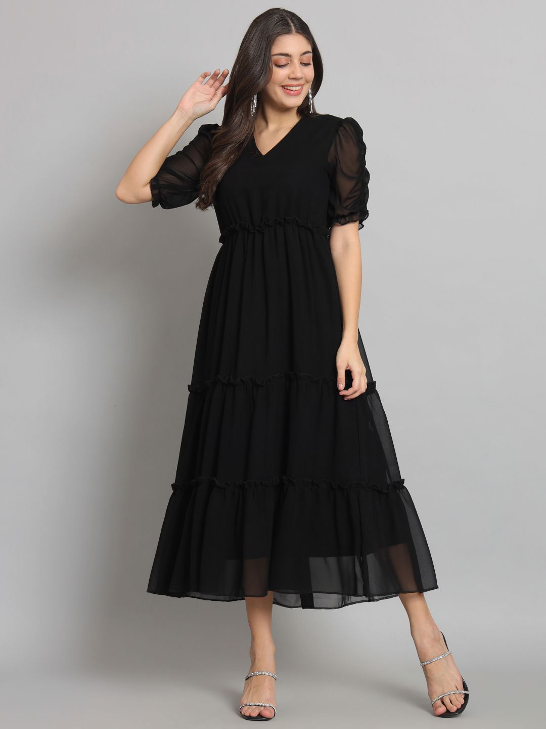 

REBERRY Women Puff Sleeve Georgette Fit & Flare Midi Dress, Black