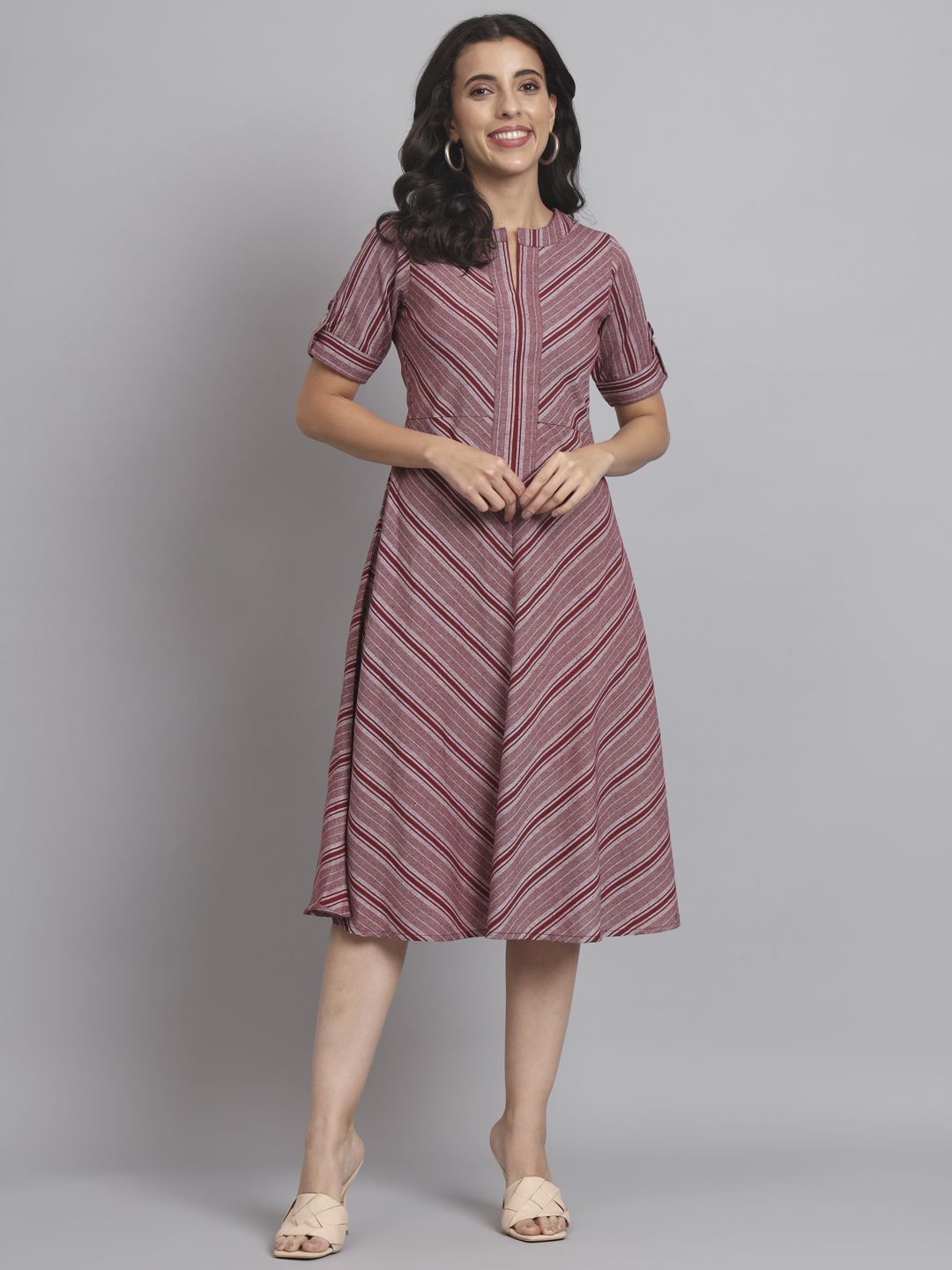 

REBERRY Women Striped A-Line Midi Dress, Maroon