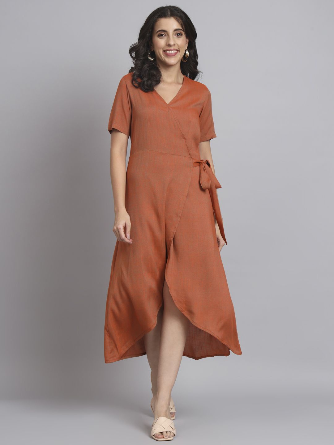 

REBERRY Women V-Neck Wrap Midi Dress, Rust