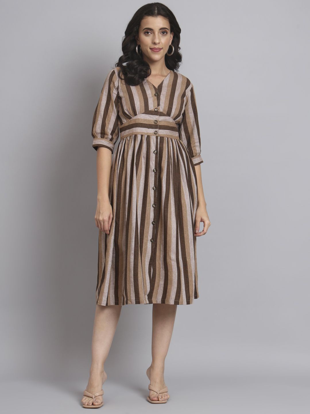 

REBERRY Women Cotton V-Neck Striped Fit and Flare Midi Dress, Brown