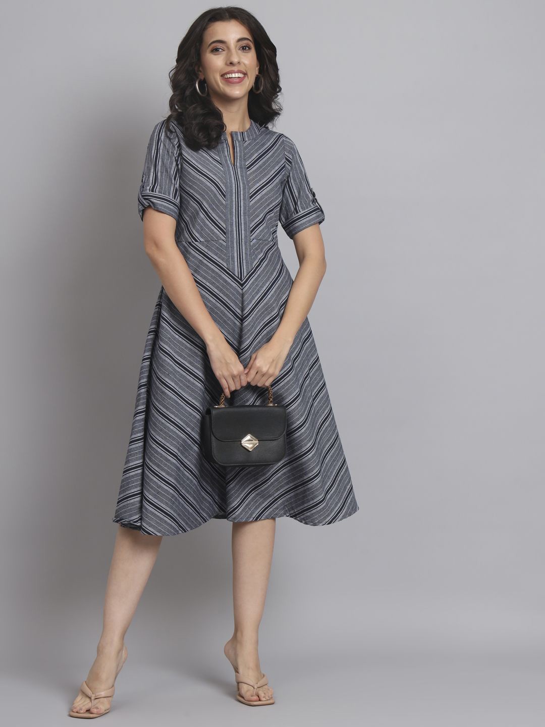 

REBERRY Women Striped A-Line Midi Dress, Navy blue