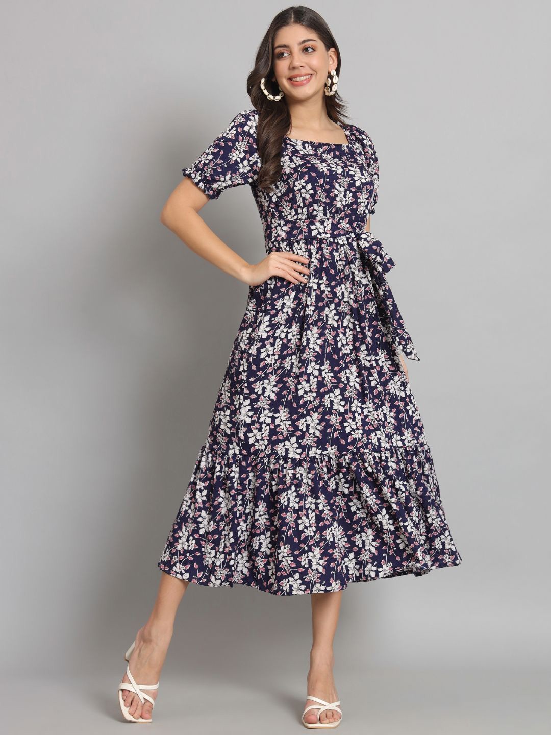 

REBERRY Floral Printed Fit & Flare Midi Dress, Navy blue