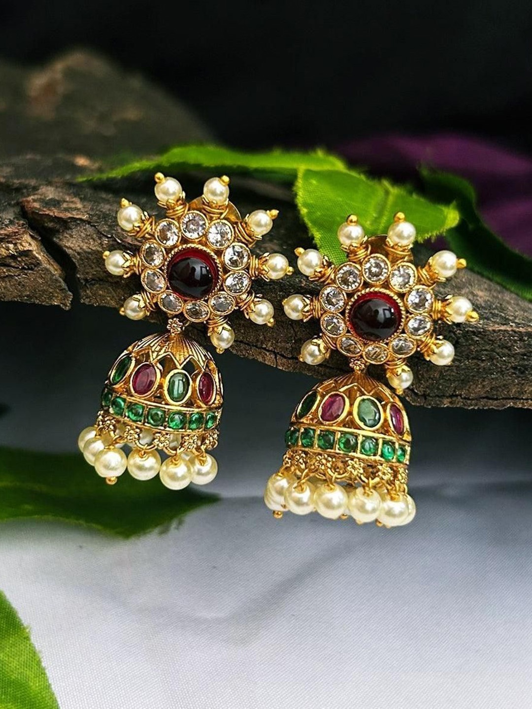 

GRIIHAM Gold-plated Dome Shaped American Diamond Temple Jhumkas