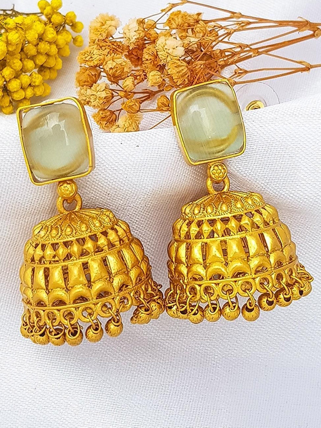 

GRIIHAM Gold Plated American Diamond Studded Dome Shaped Jhumkas