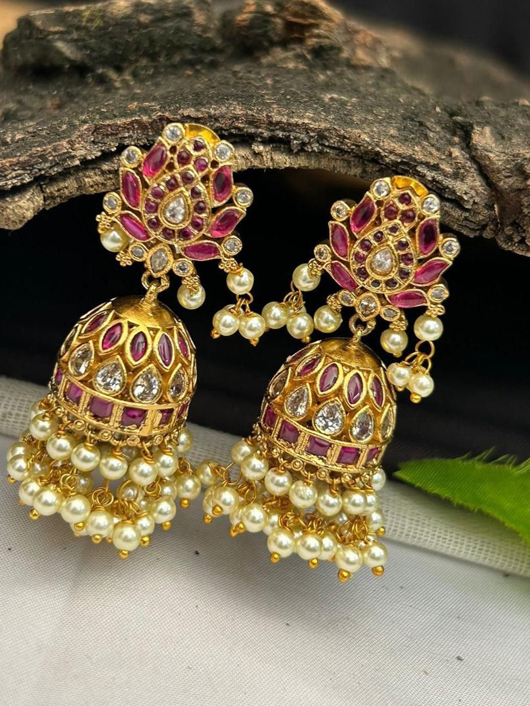 

GRIIHAM Gold-Plated American Diamond Studded Dome Shaped Temple Jhumkas, Red