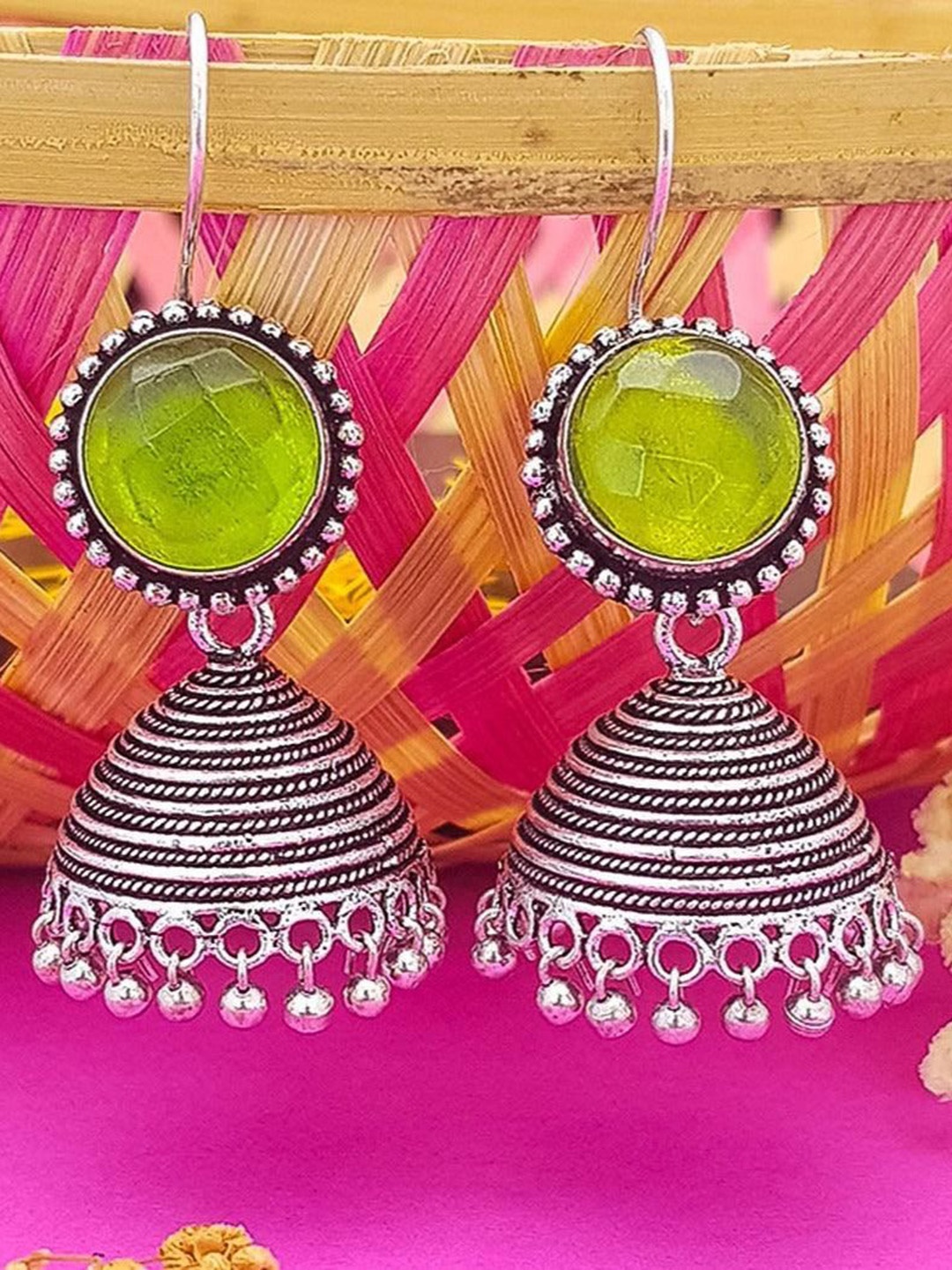 

GRIIHAM Silver-Plated American Diamond Studded Dome Shaped Oxidised Jhumkas