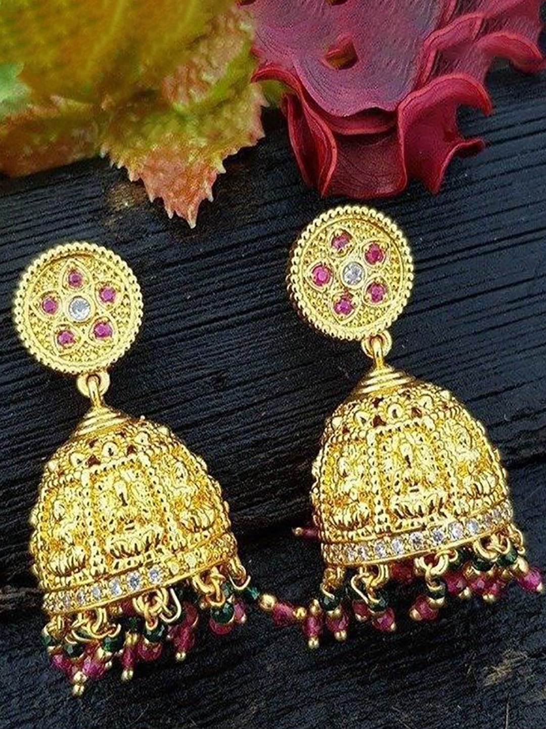 

GRIIHAM Gold-Plated Dome Shaped Cubic Zirconia Oxidised Jhumkas