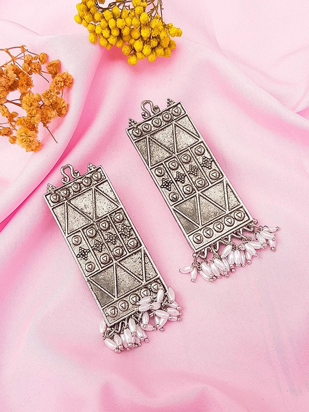 

GRIIHAM Silver-Plated American Diamond Studded Contemporary Drop Earrings