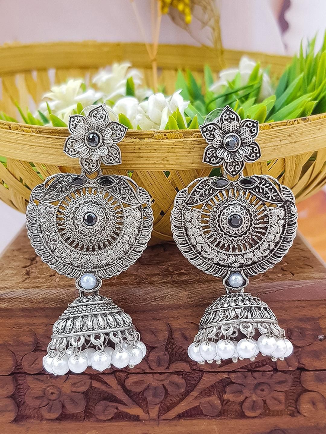

GRIIHAM Silver-Plated American Diamond Dome Shaped Oxidised Jhumkas