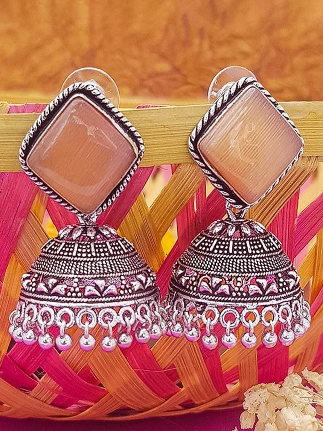 

GRIIHAM Silver-Plated American Diamond Studded Dome Shaped Oxidised Jhumkas