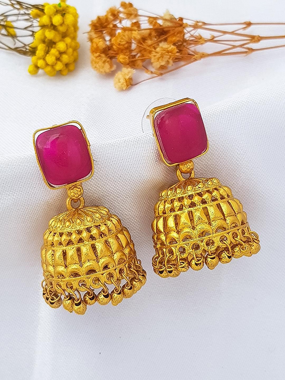 

GRIIHAM Gold-Plated American Diamond Studded Dome Shaped Drop Earrings
