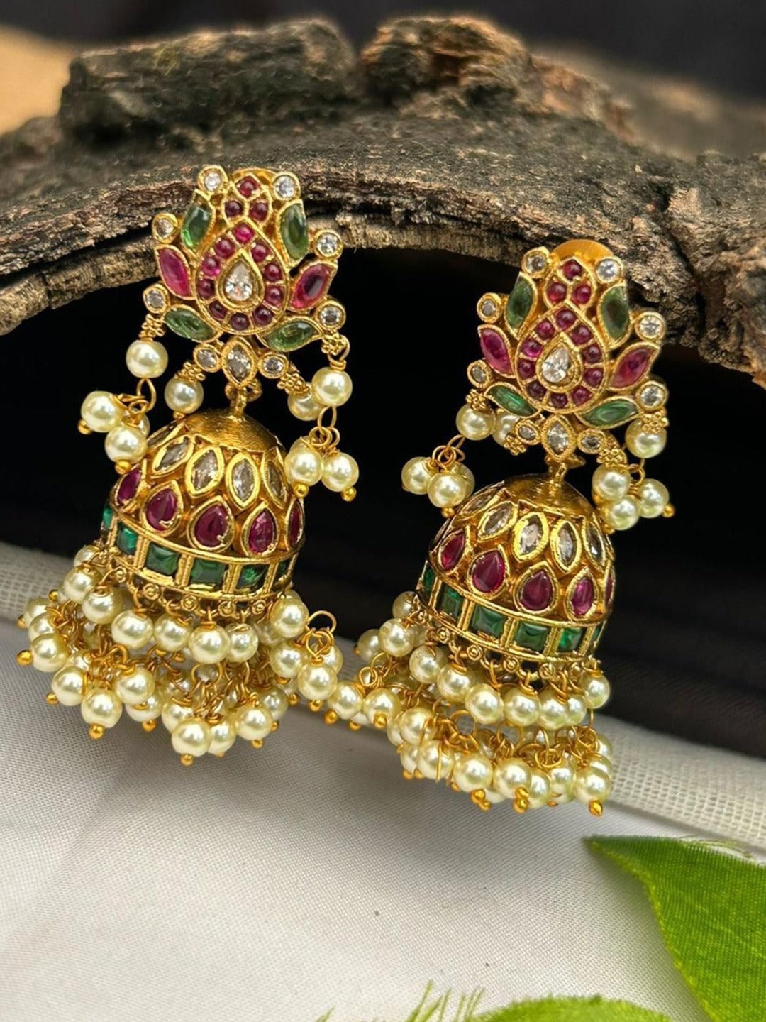 

GRIIHAM Gold-Plated Dome Shaped American Diamond Temple design Jhumkas