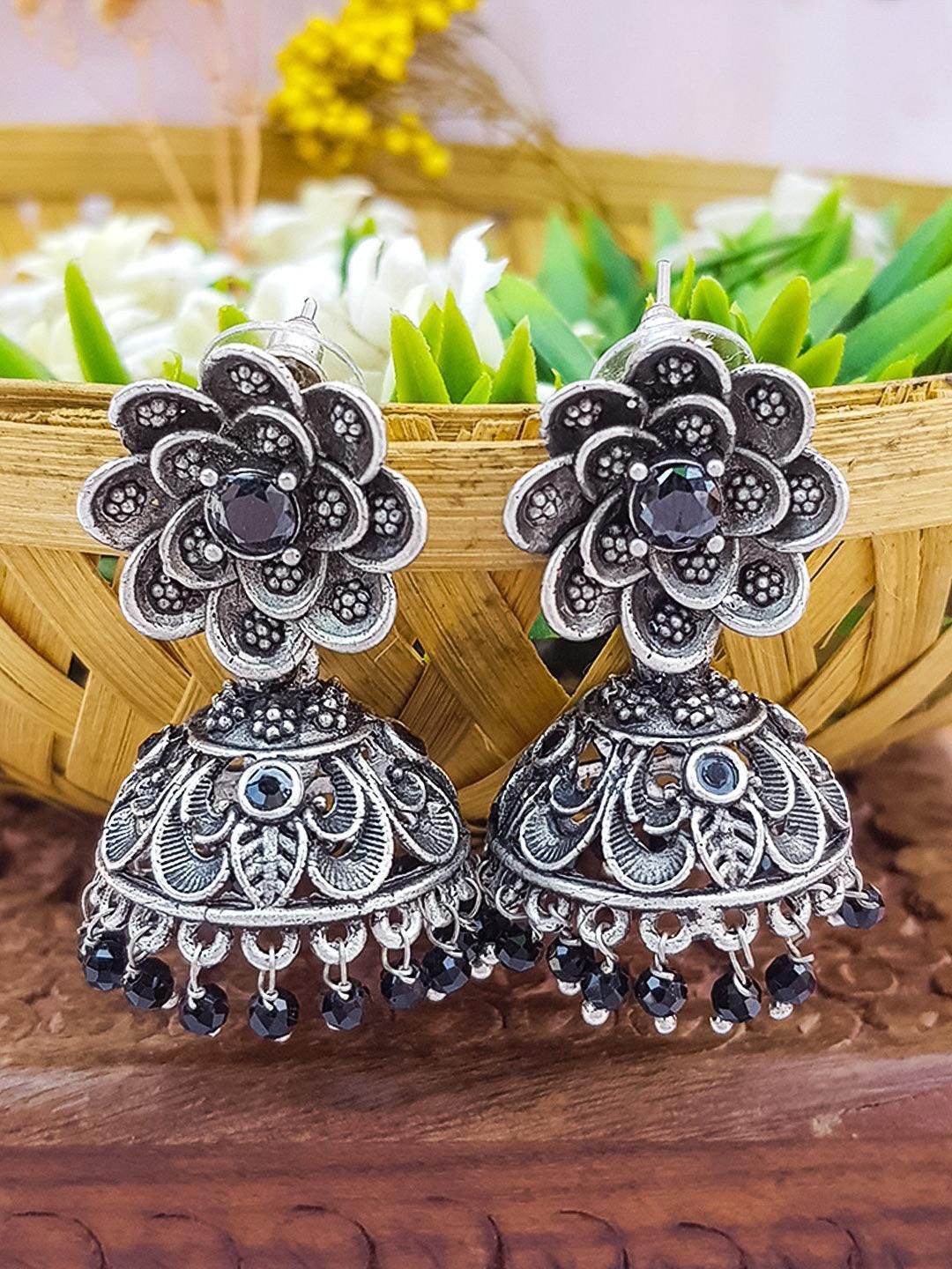 

GRIIHAM Silver-Plated American Diamond Dome Shaped Oxidised Jhumkas