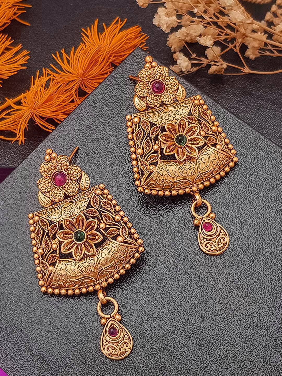 

GRIIHAM Gold-Plated Contemporary American Diamond Antique Drop Earrings