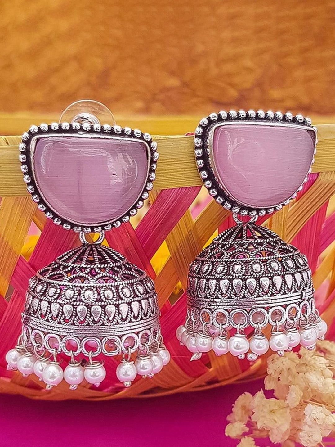 

GRIIHAM German Silver-Plated American Diamond Studded Dome Shaped Oxidised Jhumkas