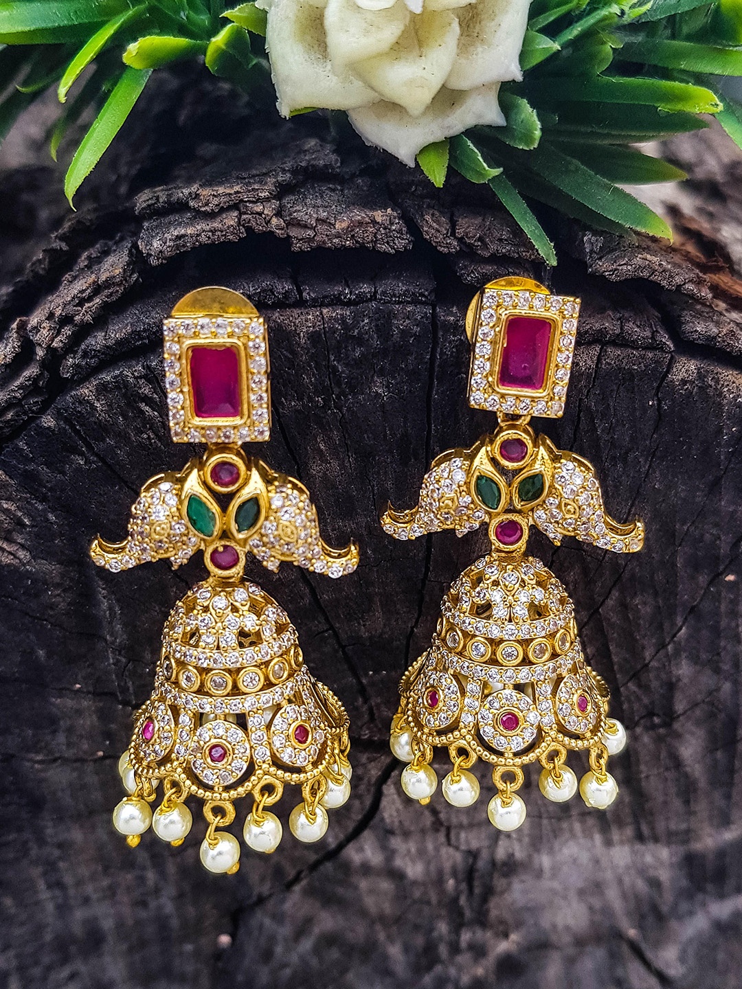 

GRIIHAM Gold Plated American Diamond Dome Shaped Oxidised Jhumkas