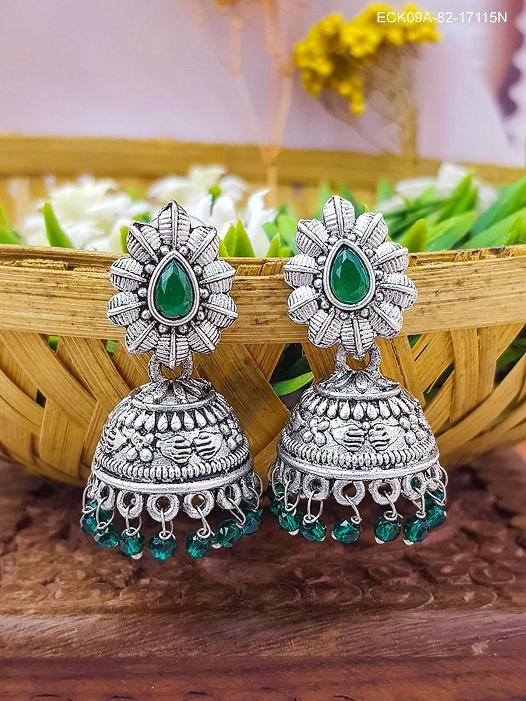 

GRIIHAM Silver-Plated Dome Shaped American Diamond Oxidised Jhumkas