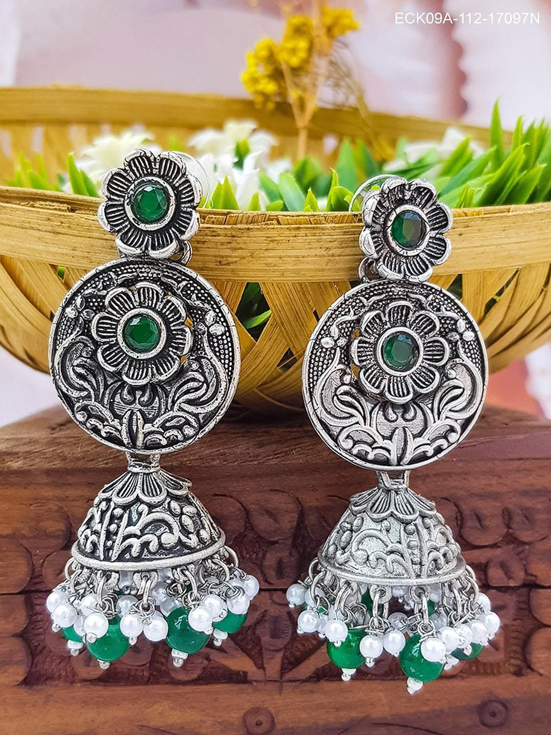 

GRIIHAM Silver Plated American Diamond Studded Dome Shaped Oxidised Jhumkas
