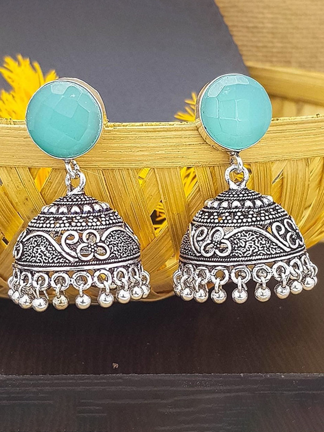 

GRIIHAM Silver-Plated American Diamond Dome Shaped Oxidised Jhumkas