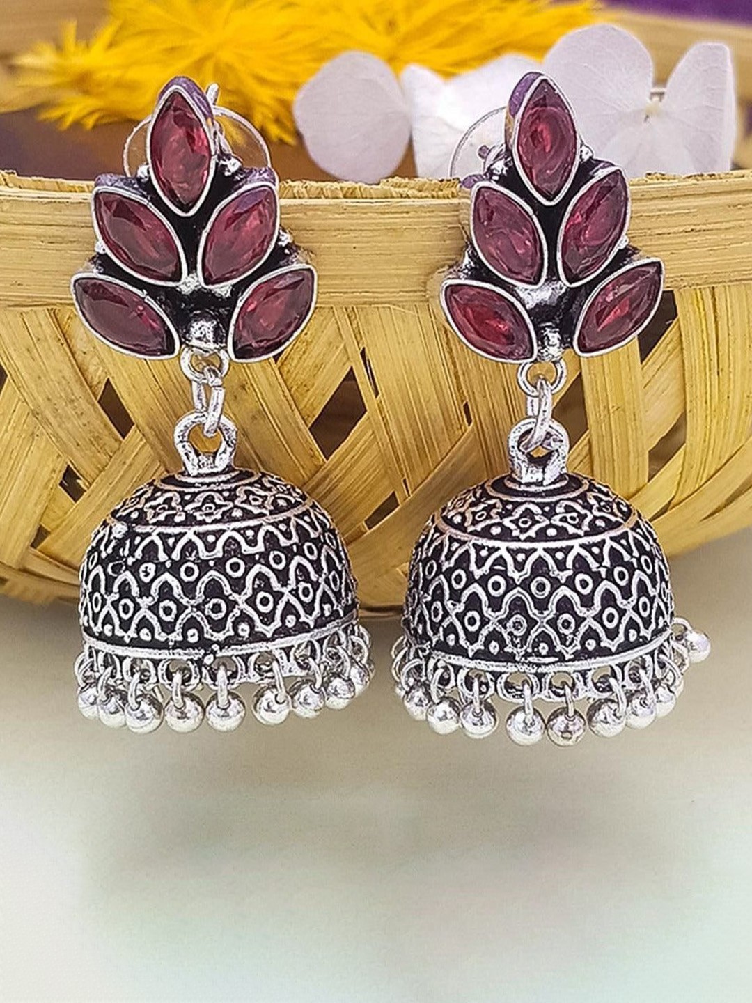 

GRIIHAM Silver-Plated Dome Shaped American Diamond Oxidised Jhumkas