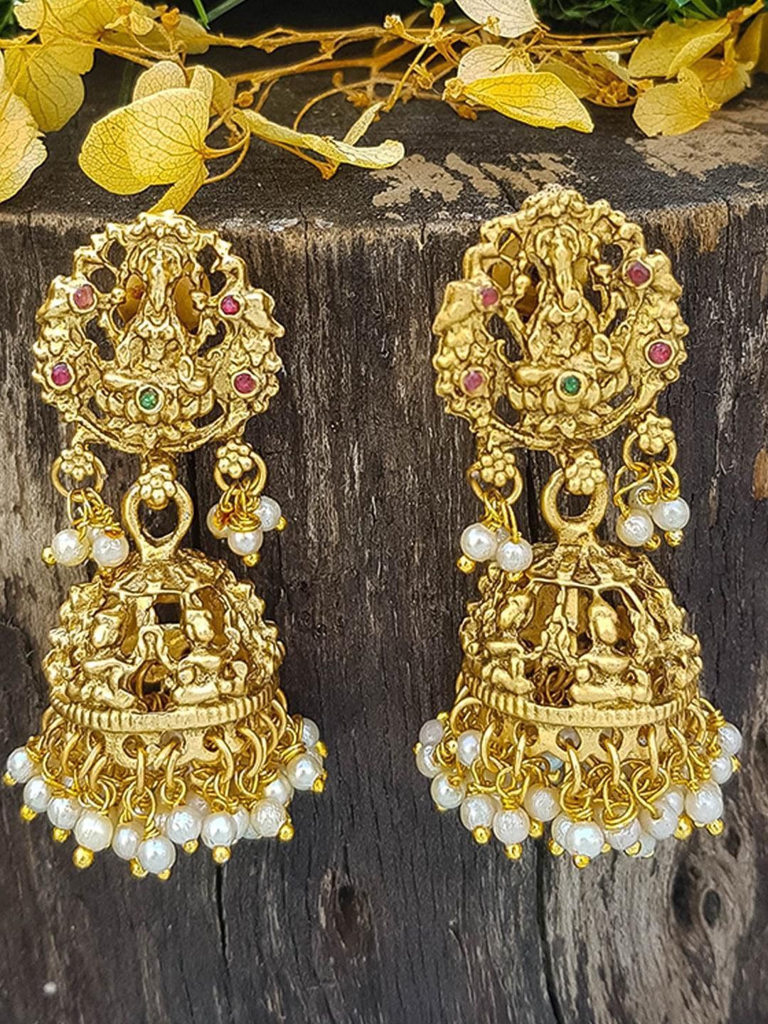 

GRIIHAM Gold-Plated Dome Shaped American Diamond Temple design Jhumkas