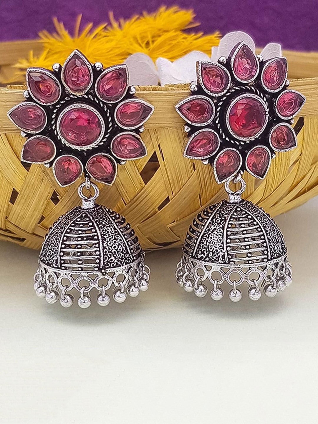 

GRIIHAM Silver-Plated Dome Shaped American Diamond Studded Jhumkas