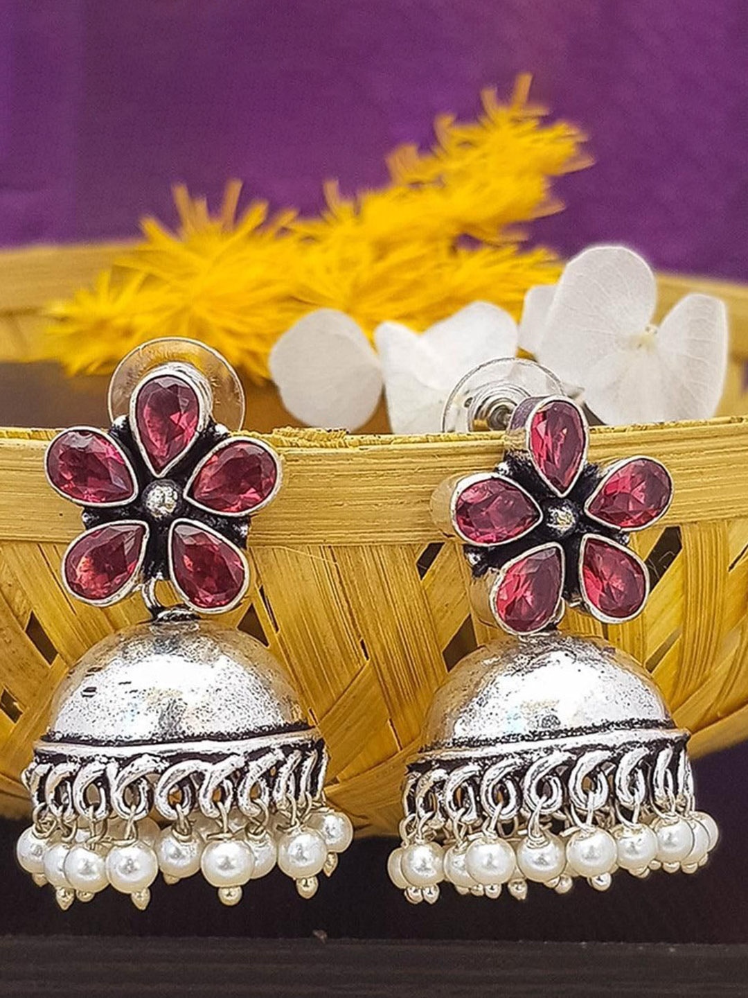 

GRIIHAM Silver-Plated Dome Shaped American Diamond Oxidised Jhumkas