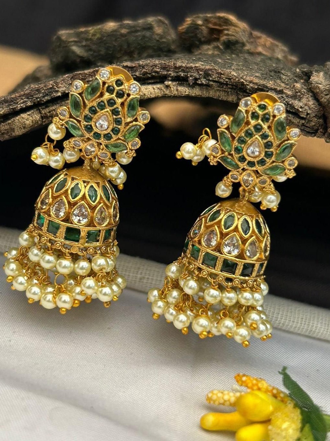 

GRIIHAM Gold-Plated Dome Shaped American Diamond Temple design Jhumkas