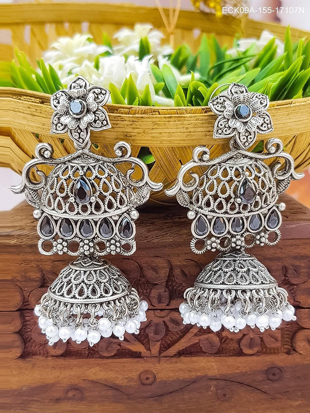 

GRIIHAM Silver Plated American Diamond Dome Shaped Oxidised Jhumkas