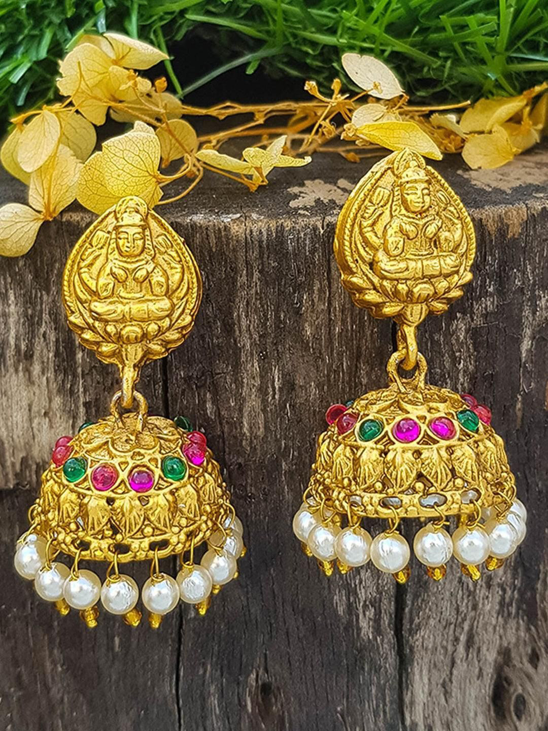 

GRIIHAM Gold-Plated Dome Shaped American Diamond Temple design Jhumkas