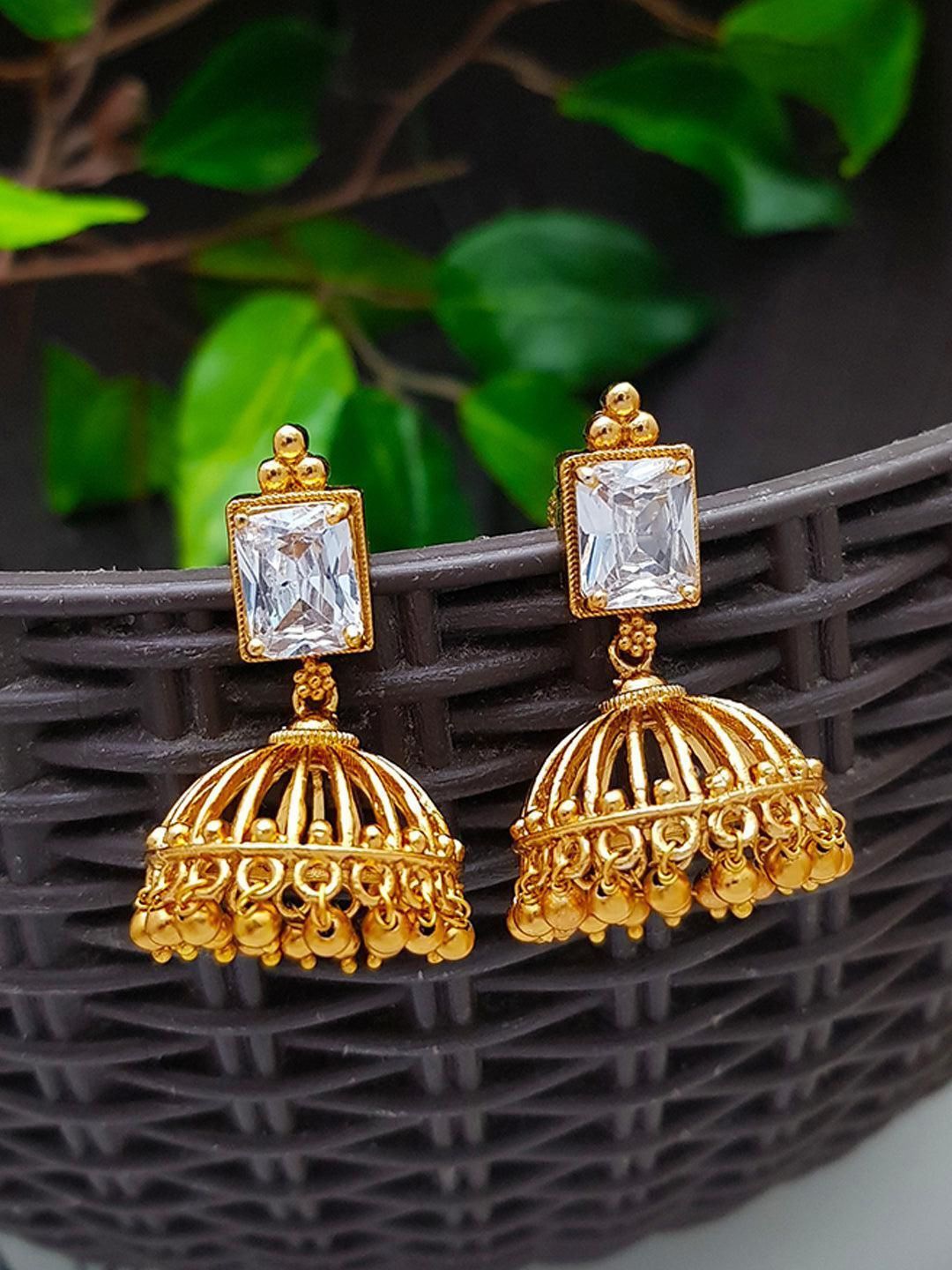 

GRIIHAM Gold-Plated Dome Shaped American Diamond Antique Jhumkas