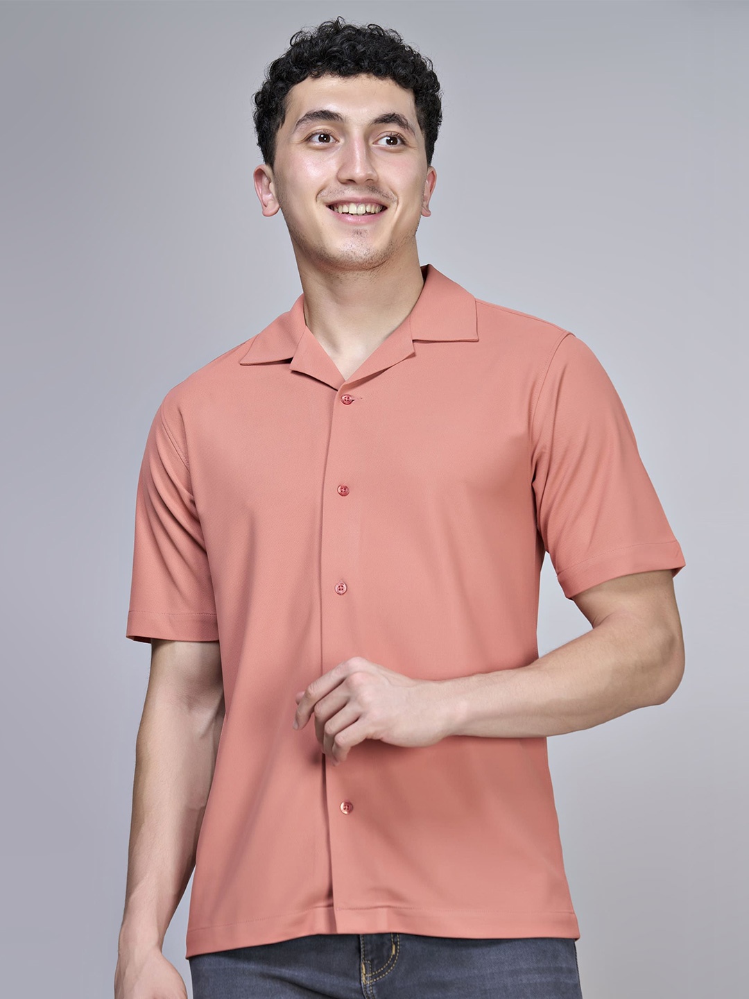 

MAXZONE Men Classic Cuban Collar Solid Casual Shirt, Peach