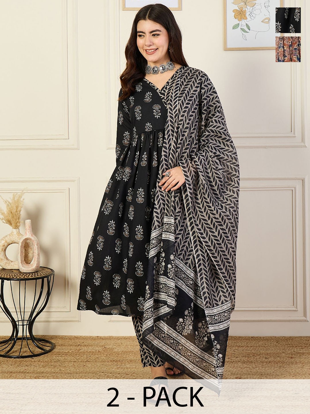 

KALINI Selection of 2 Ethnic Motifs Printed Anarkali Kurta with Trousers & Dupatta, Black