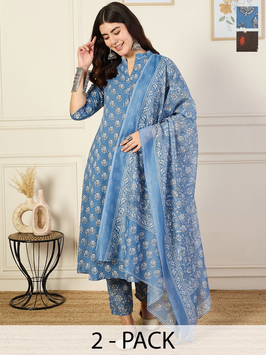 

KALINI Pack Of 2 Ethnic Motifs Printed Anarkali Kurta With Trousers & Dupatta, Blue