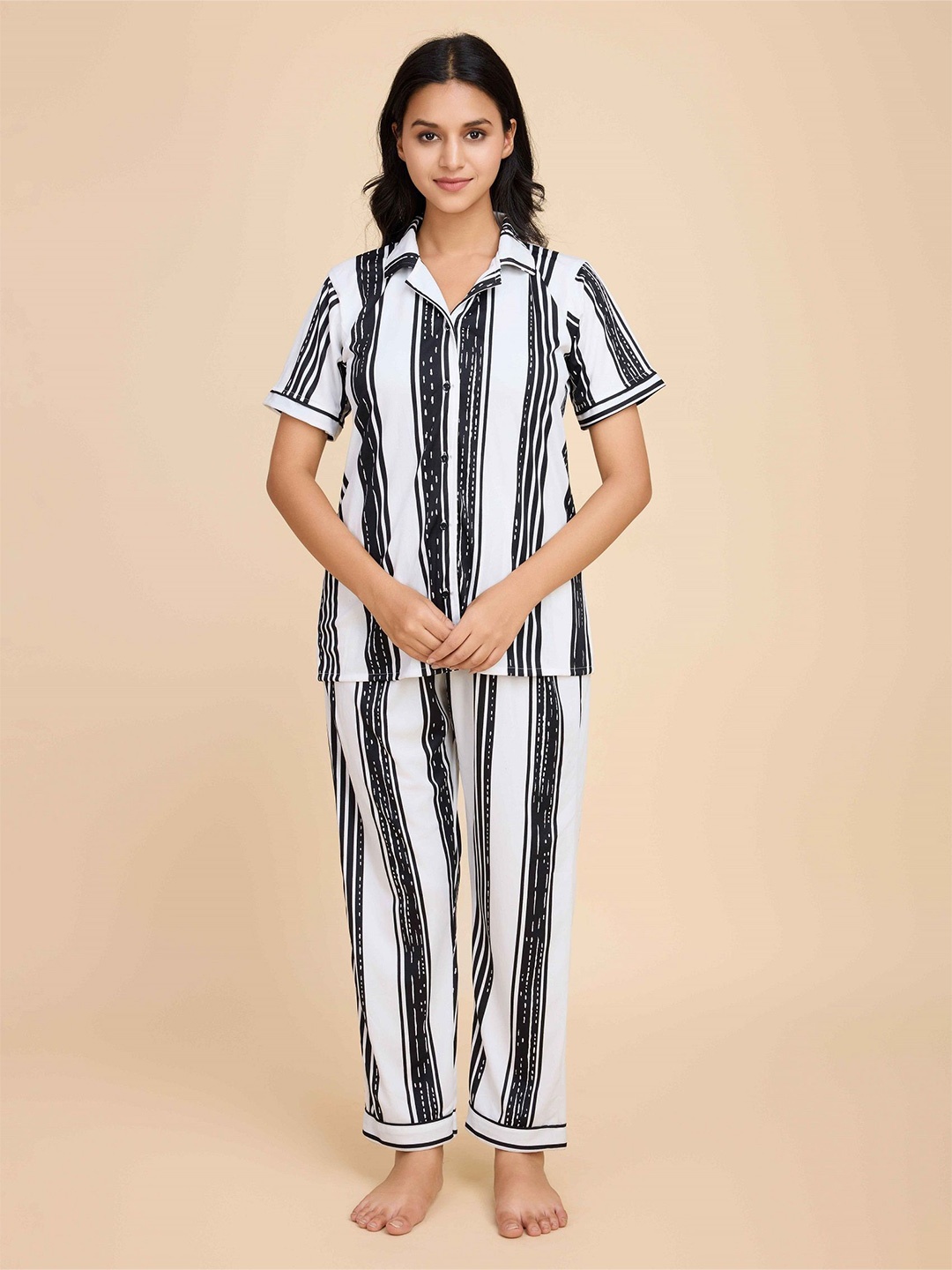 

choiceit Women Striped Printed Night suit, Black
