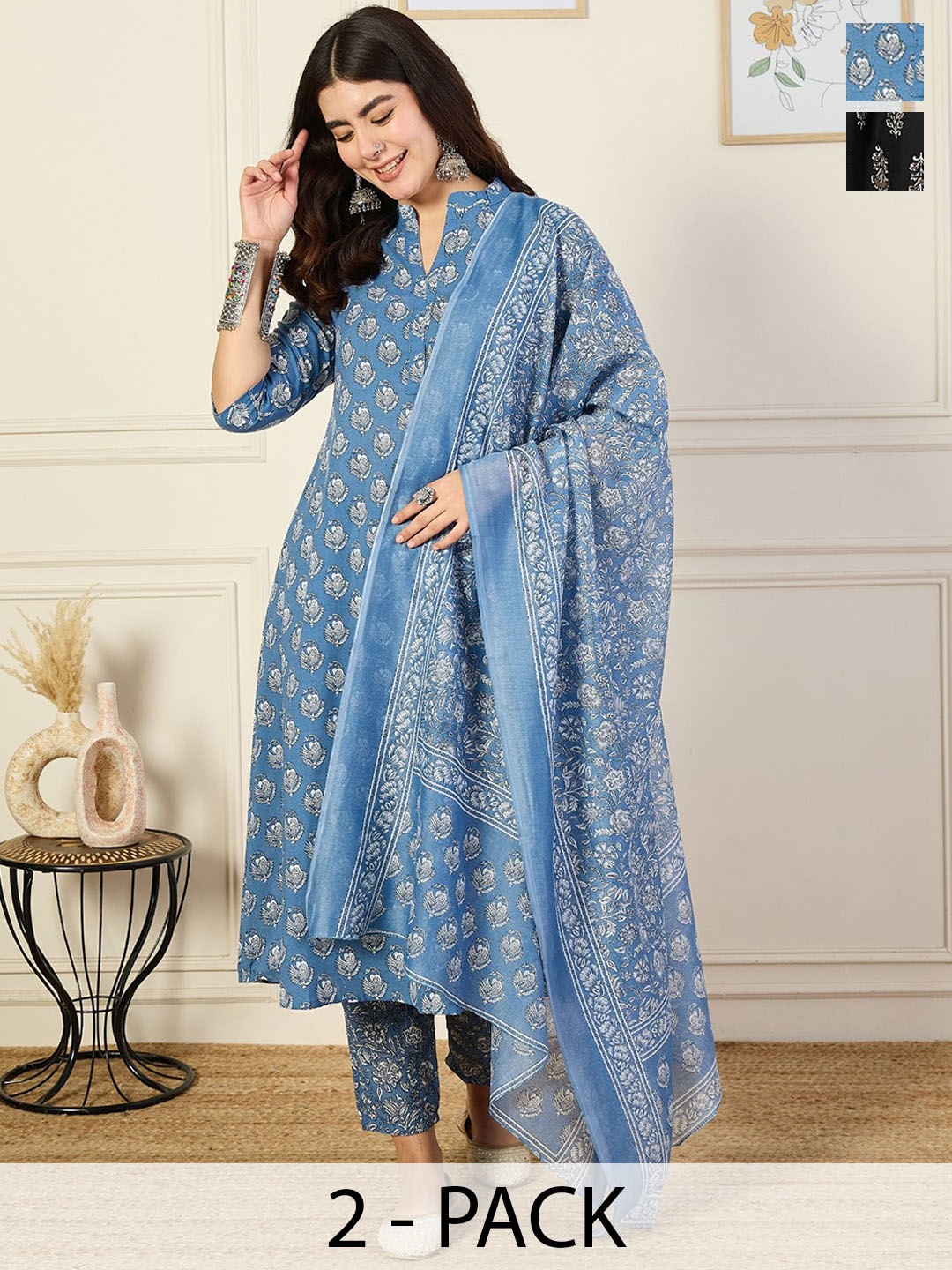 

KALINI Pack Of 2 Ethnic Motifs Printed Anarkali Kurta With Trousers & Dupatta, White