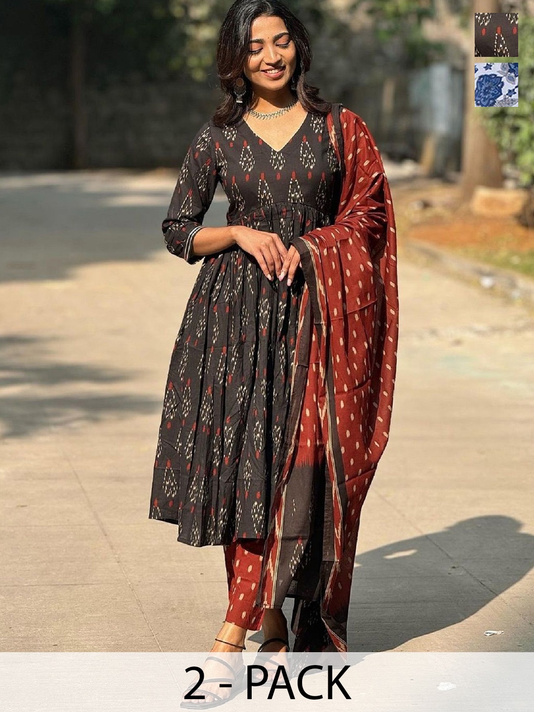 

KALINI Selection of 2 Ethnic Motifs Printed Anarkali Kurta with Trousers & Dupatta, Black