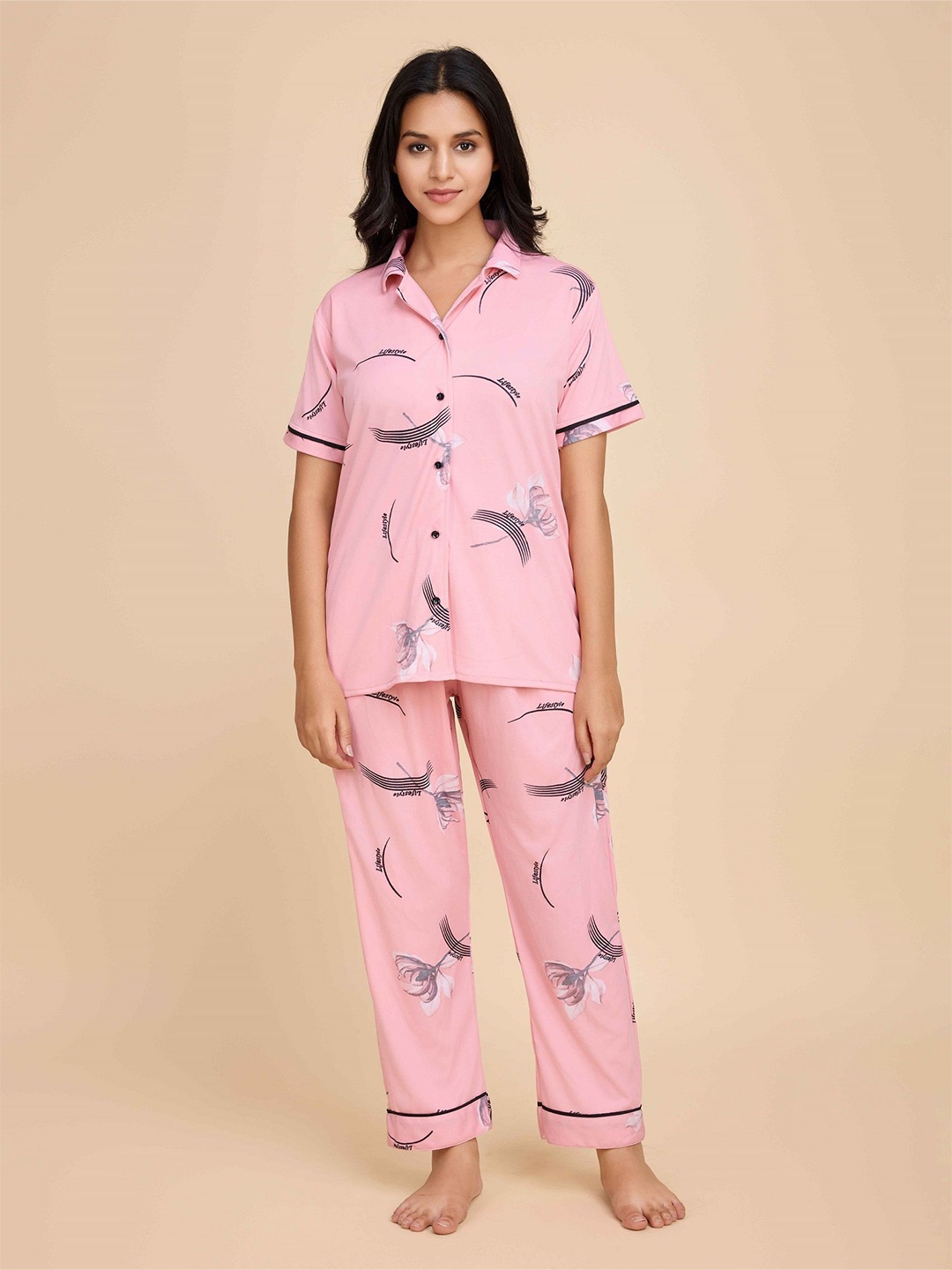 

choiceit Women Printed Stylish Collar Top Bottom Night Suit, Pink